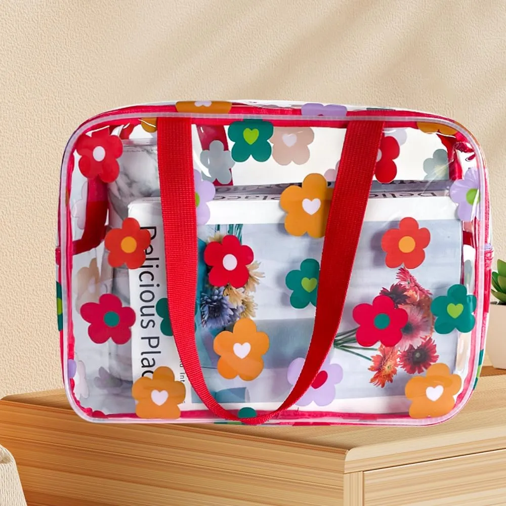 Clear Printed Floral Cosmetic Bag and 18x12x 5inch size Travel Pouch with Handle-Durable PVC Material,Versatile,Zipper Design Large Makeup bag for Women,Travel Essentials (Multifloral-L)