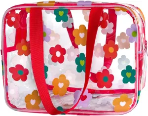 Clear Printed Floral Cosmetic Bag and 18x12x 5inch size Travel Pouch with Handle-Durable PVC Material,Versatile,Zipper Design Large Makeup bag for Women,Travel Essentials (Multifloral-L)