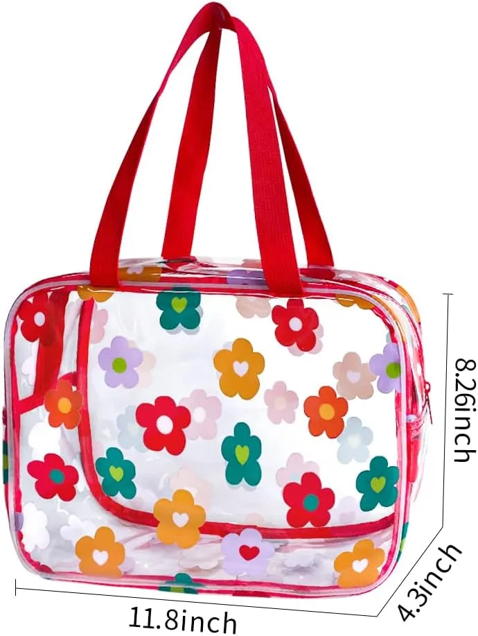 Clear Printed Floral Cosmetic Bag and 18x12x 5inch size Travel Pouch with Handle-Durable PVC Material,Versatile,Zipper Design Large Makeup bag for Women,Travel Essentials (Multifloral-L)