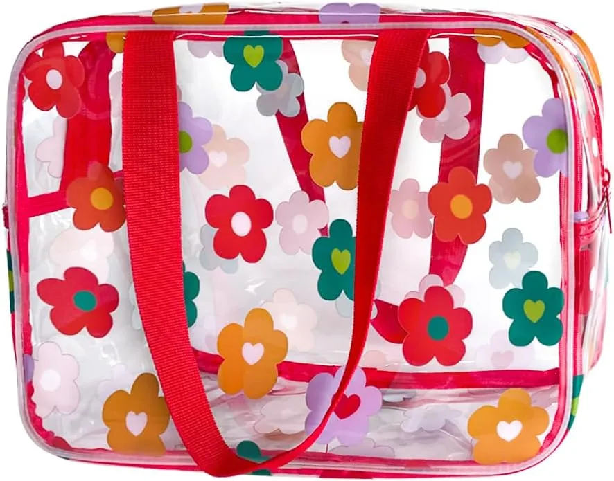 Clear Printed Floral Cosmetic Bag and 18x12x 5inch size Travel Pouch with Handle-Durable PVC Material,Versatile,Zipper Design Large Makeup bag for Women,Travel Essentials (Multifloral-L)