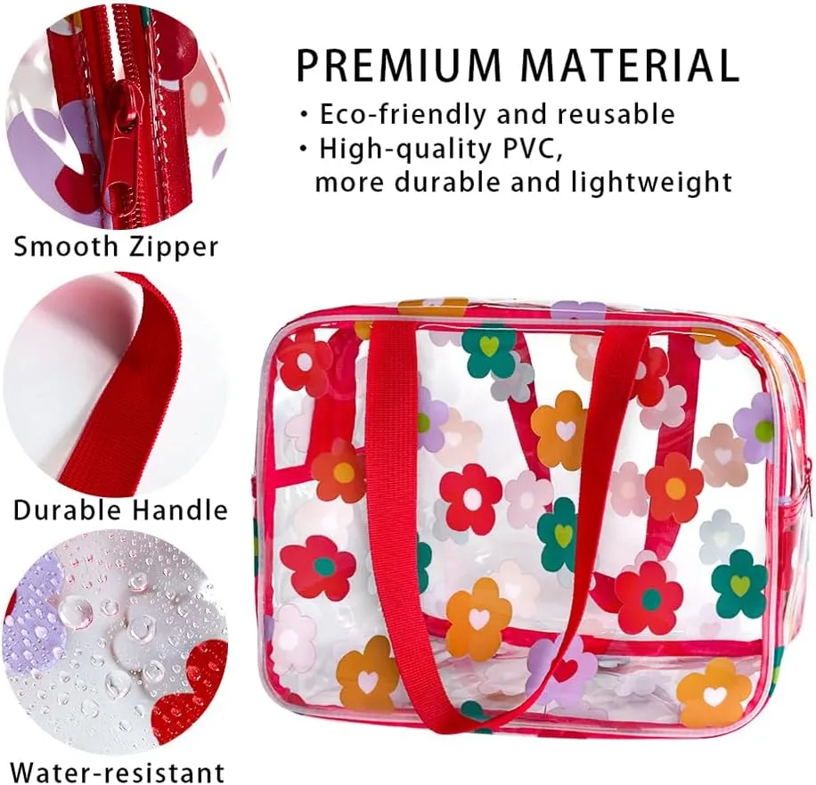 Clear Printed Floral Cosmetic Bag and 18x12x 5inch size Travel Pouch with Handle-Durable PVC Material,Versatile,Zipper Design Large Makeup bag for Women,Travel Essentials (Multifloral-L)