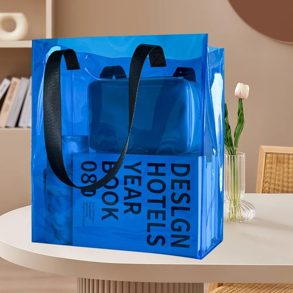 Clear PVC Tote with Black Handles13.3 x 11.8 x 3.94 inches Stadium Approved Transparent Plastic Beach Bag for Women