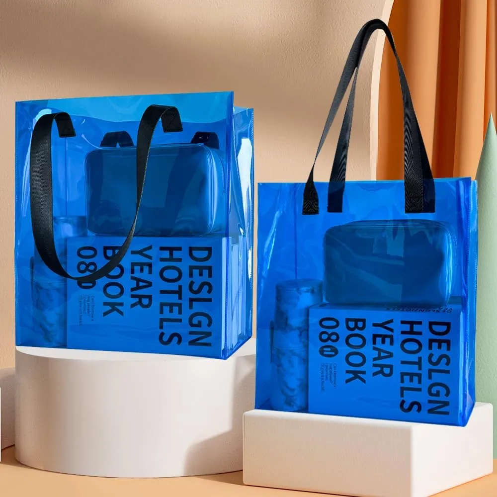 Clear PVC Tote with Black Handles13.3 x 11.8 x 3.94 inches Stadium Approved Transparent Plastic Beach Bag for Women