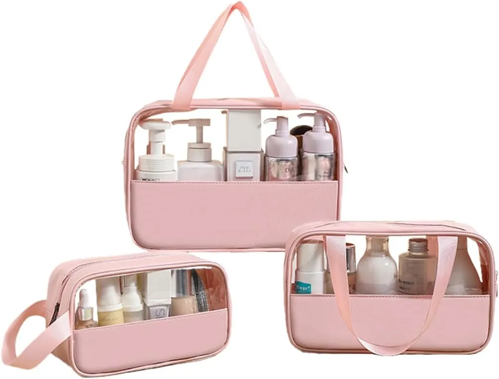 Clear Toiletry Bag, Large Capacity Toiletry Bag for Women, 3 Pcs Toiletry Bag with Clear Window, Shower Bag for Gym, Camping (Solid Pink), CBG-621042-A5