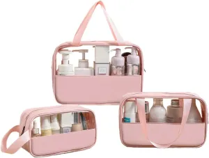 Clear Toiletry Bag, Large Capacity Toiletry Bag for Women, 3 Pcs Toiletry Bag with Clear Window, Shower Bag for Gym, Camping (Solid Pink), CBG-621042-A5