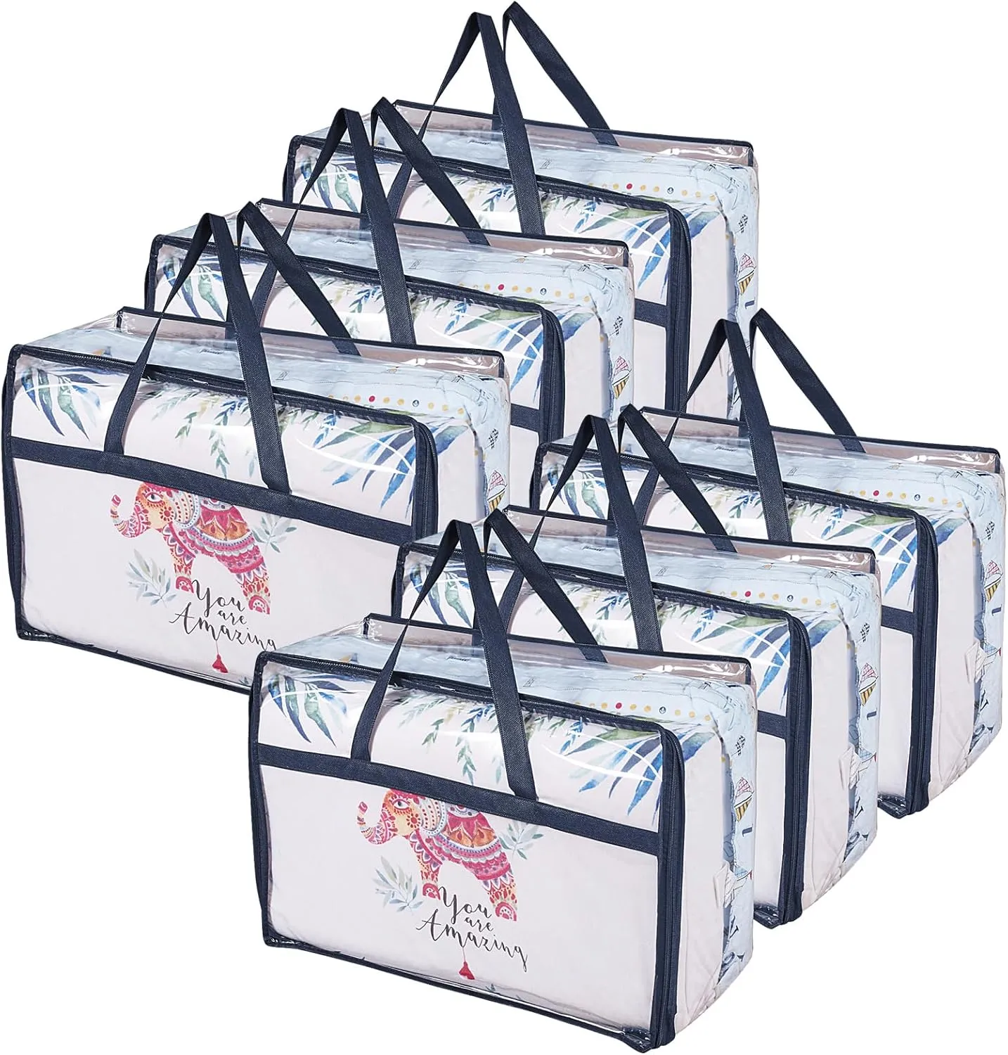 Clear Vinyl Storage Bags for Comforters, Blankets, Bedding, 75L Large Capacity Organizer with Dual Zippers & Handles, 6 Pack, Blue”
