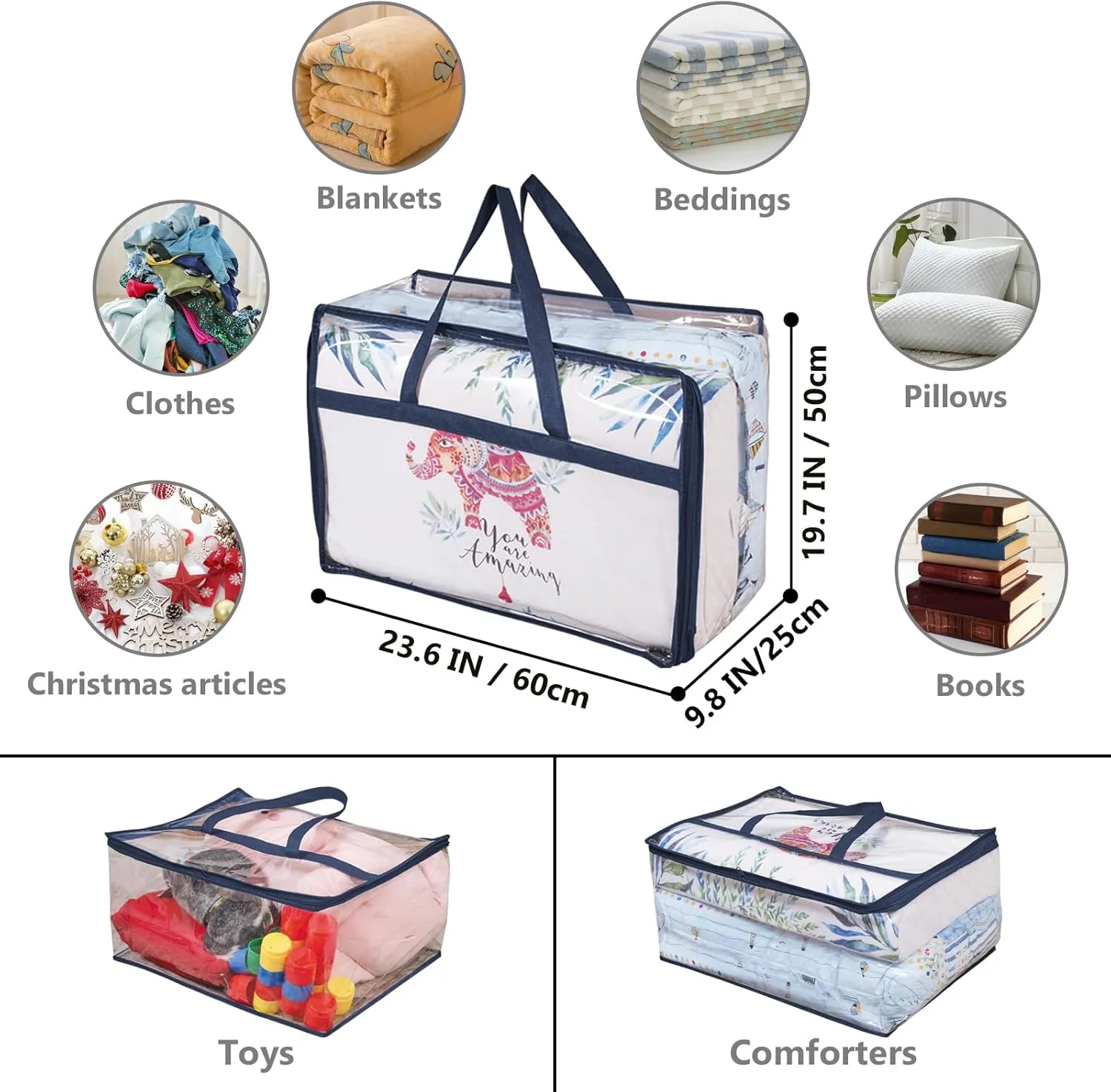 Clear Vinyl Storage Bags for Comforters, Blankets, Bedding, 75L Large Capacity Organizer with Dual Zippers & Handles, 6 Pack, Blue”