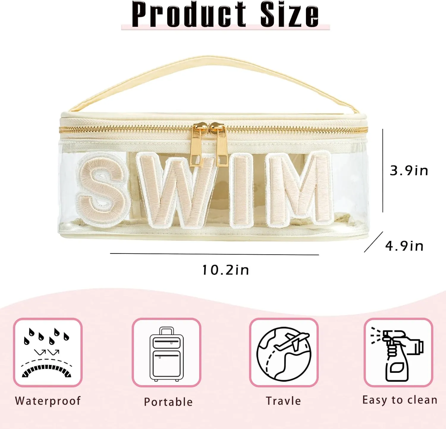 Clear Waterproof Summer SWIM Makeup Bag, Aesthetic Transparent Letter Patch Cosmetic Bag, Preppy Beach Pool Zipper Pouch, Summer Organizer Toiletry Bag for Women Girl Swimmer Gifts(05SWIM Beige)