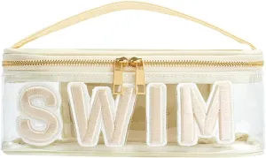 Clear Waterproof Summer SWIM Makeup Bag, Aesthetic Transparent Letter Patch Cosmetic Bag, Preppy Beach Pool Zipper Pouch, Summer Organizer Toiletry Bag for Women Girl Swimmer Gifts(05SWIM Beige)
