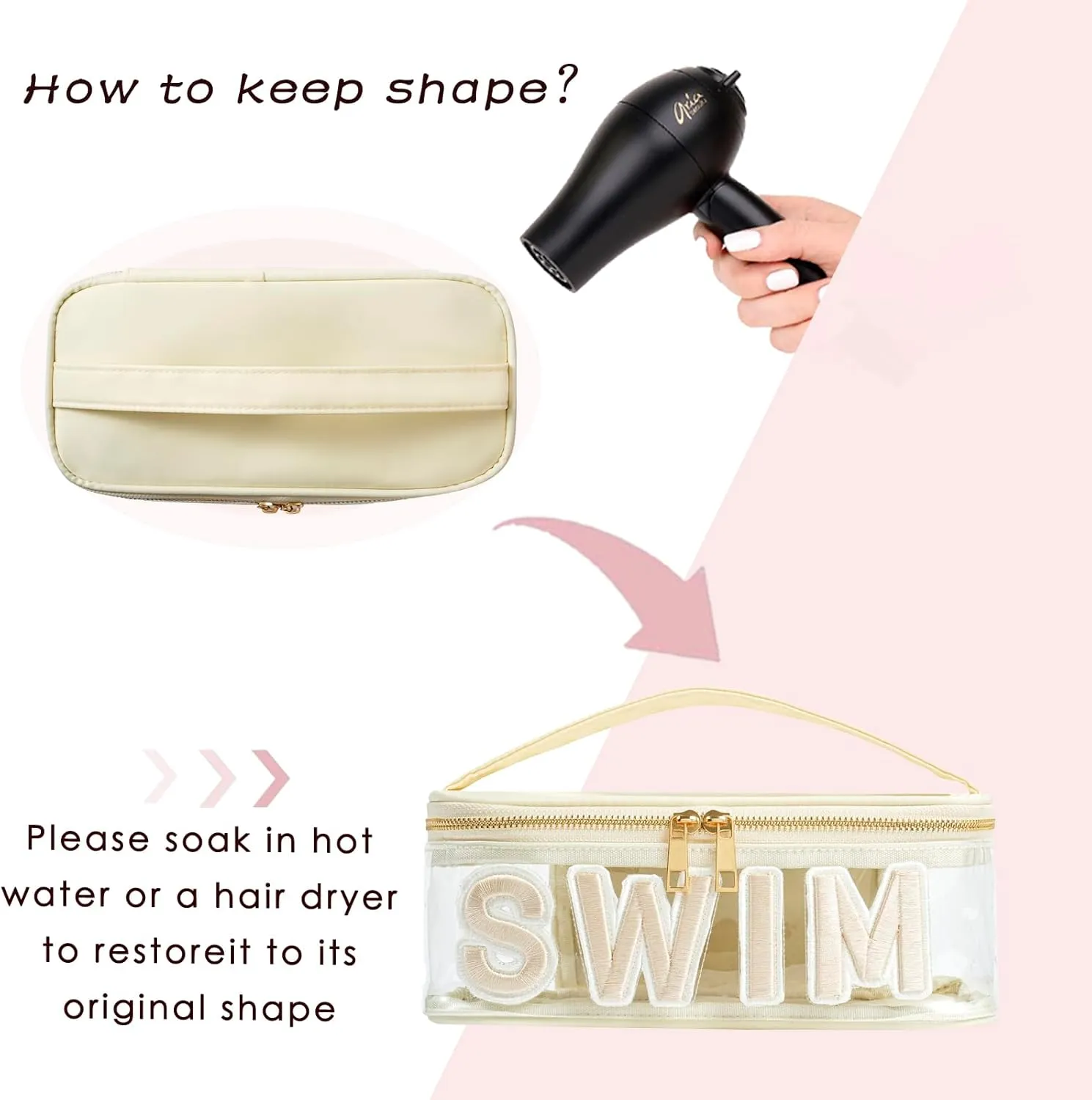 Clear Waterproof Summer SWIM Makeup Bag, Aesthetic Transparent Letter Patch Cosmetic Bag, Preppy Beach Pool Zipper Pouch, Summer Organizer Toiletry Bag for Women Girl Swimmer Gifts(05SWIM Beige)
