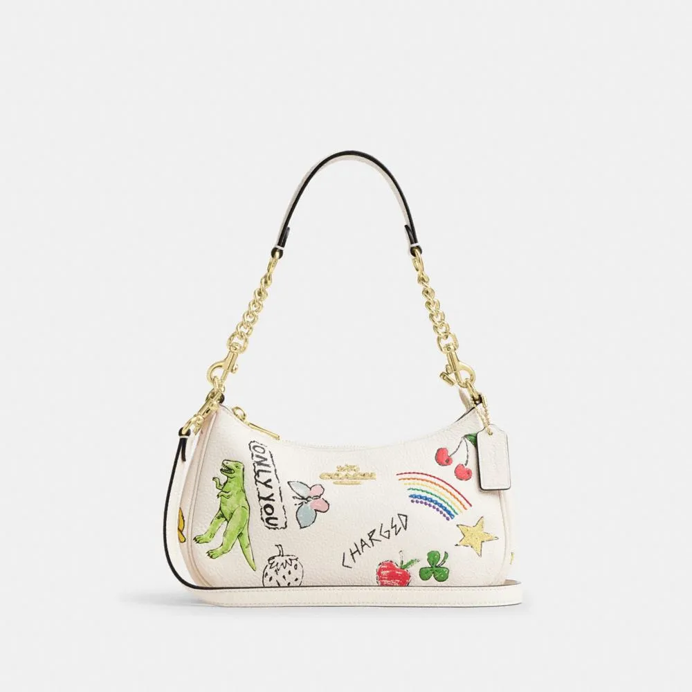 Coach Teri Shoulder Bag With Sketch Print Pebbled Leather-Gold-Chalk Multi