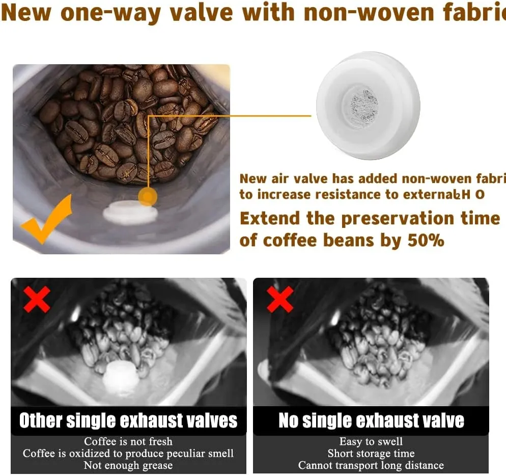 Coffee Bags with Valve (16 oz, 1 lb, 50pcs) Gold High Barrier Aluminumed Foil Flat Bottom Heat Sealed Packaging for Coffee Beans - Side Zipper Resealable for Home or Business
