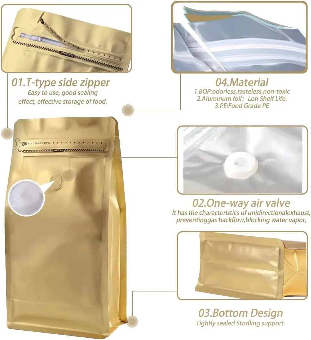 Coffee Bags with Valve (16 oz, 1 lb, 50pcs) Gold High Barrier Aluminumed Foil Flat Bottom Heat Sealed Packaging for Coffee Beans - Side Zipper Resealable for Home or Business