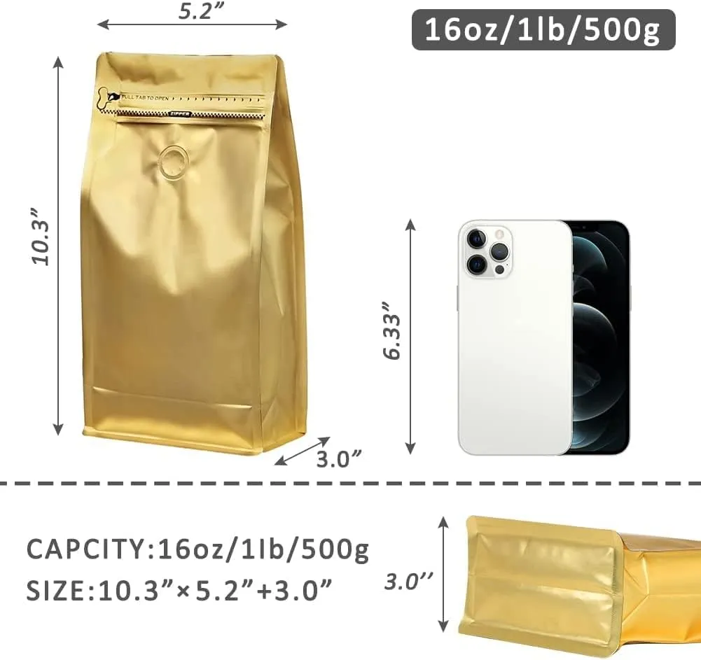 Coffee Bags with Valve (16 oz, 1 lb, 50pcs) Gold High Barrier Aluminumed Foil Flat Bottom Heat Sealed Packaging for Coffee Beans - Side Zipper Resealable for Home or Business