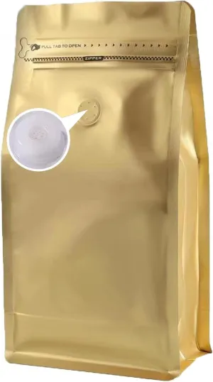 Coffee Bags with Valve (16 oz, 1 lb, 50pcs) Gold High Barrier Aluminumed Foil Flat Bottom Heat Sealed Packaging for Coffee Beans - Side Zipper Resealable for Home or Business