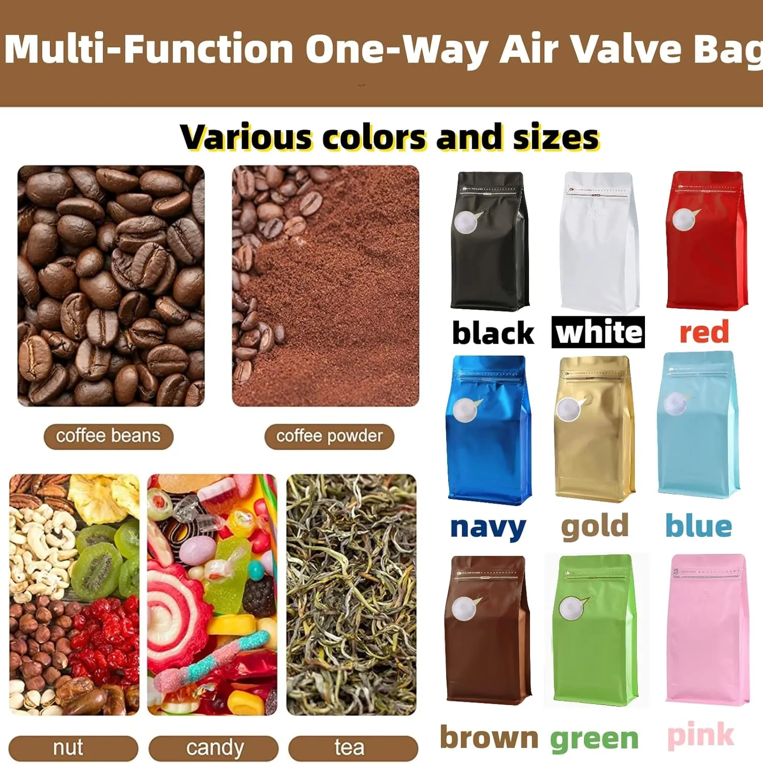 Coffee Bags with Valve (16 oz, 1 lb, 50pcs) Gold High Barrier Aluminumed Foil Flat Bottom Heat Sealed Packaging for Coffee Beans - Side Zipper Resealable for Home or Business