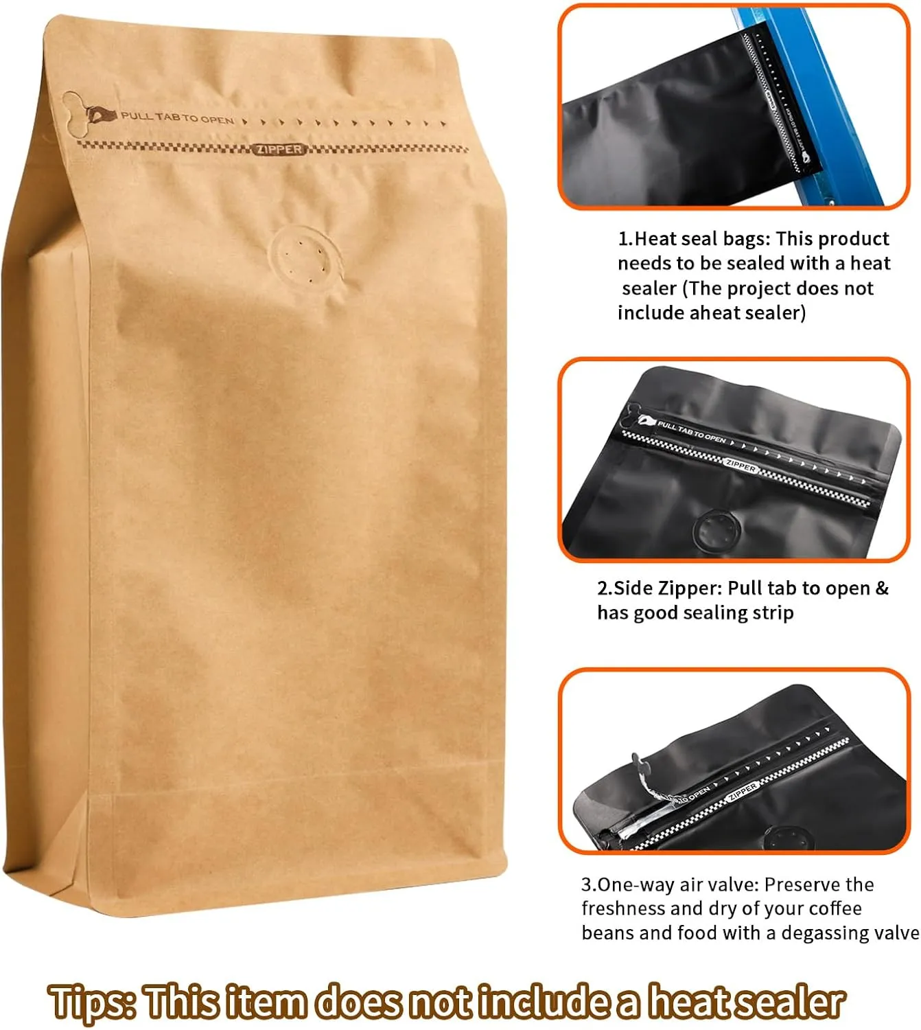 Coffee Bags with Valve, Resealable High Barrier Flat Bottom Stand Up for Food Storage Bags(16oz/ 1lb, 100PCS), Heat Sealable Side Zipper Pouches for Home, Store (Yellow)