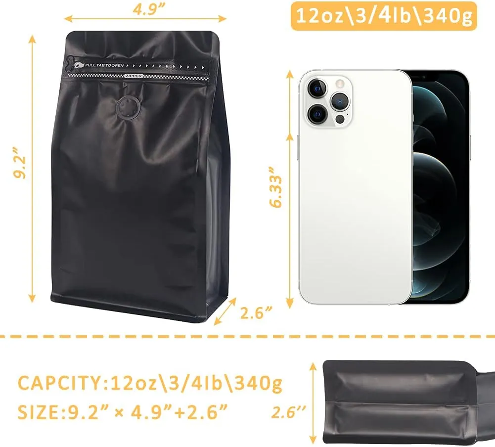 Coffee Bags with Valve(100pcs,12 oz) balck High Barrier Aluminumed Foil Flat Bottom Standing Coffee Beans Storage Bags,Reusable Heat Sealable Side Zipper Pouches for Home or Store
