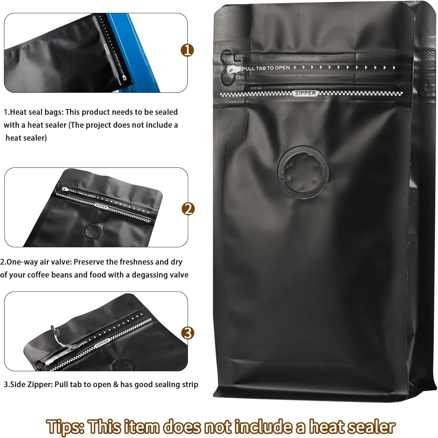 Coffee Bags with Valve(16oz/ 1lb, 100PCS), High Barrier Aluminum Foil Flat Bottom Stand Coffee Pouches, Heat Sealable Resealable Bags for Coffee Bean Storage, for Home, Store (White)