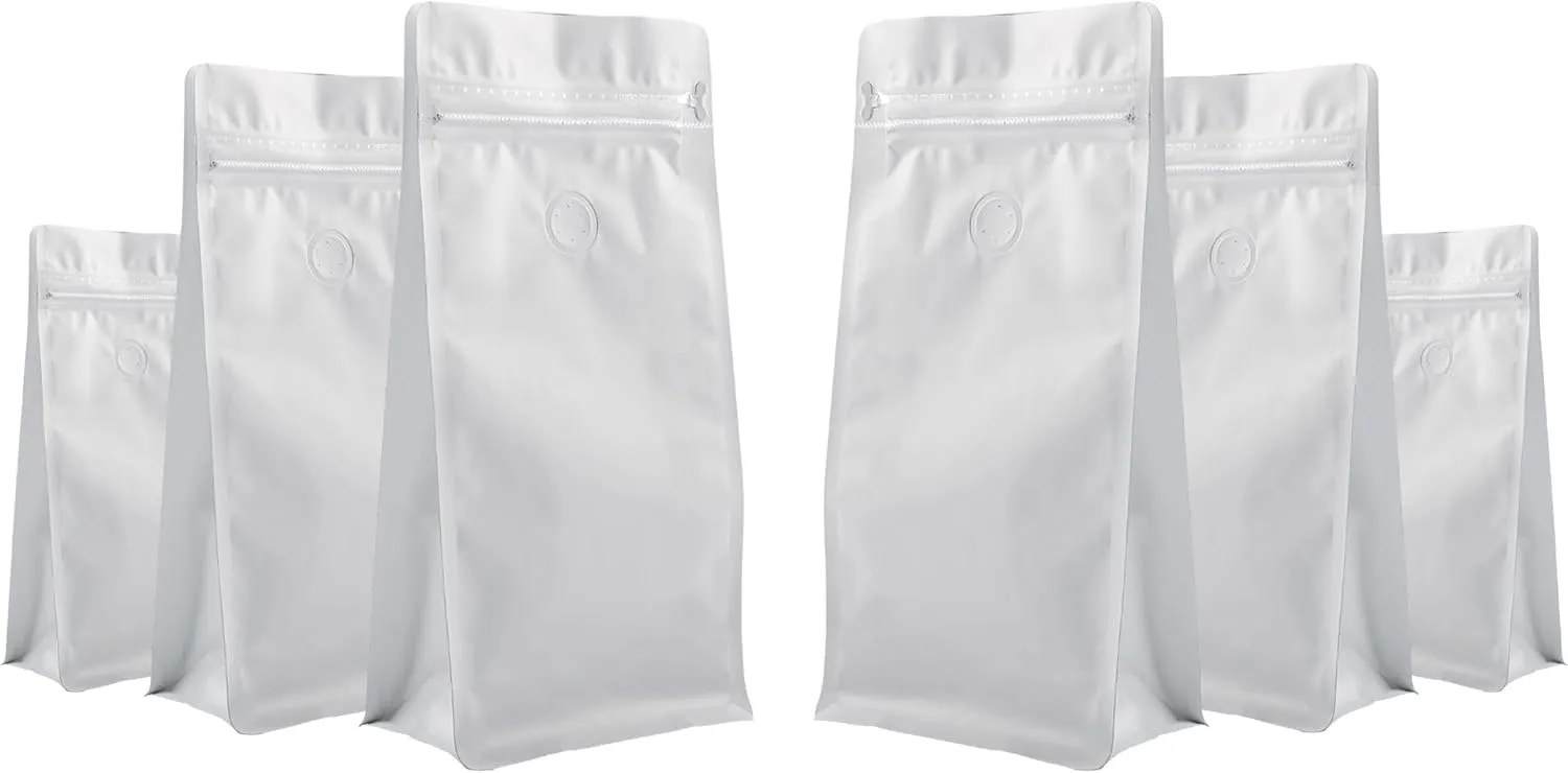 Coffee Bags with Valve(16oz/ 1lb, 100PCS), High Barrier Aluminum Foil Flat Bottom Stand Coffee Pouches, Heat Sealable Resealable Bags for Coffee Bean Storage, for Home, Store (White)