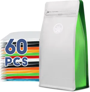 Coffee Bags with Valve(60pcs,16 oz,1 lb) Vented Coffee Beans Packaging Bags High Barrier Aluminumed Foil Flat Bottom Heat Sealed Side Zipper Resealable Storage Bag for Home or Business（White Green）
