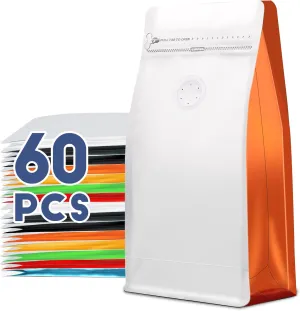 Coffee Bags with Valve(60pcs,16 oz,1 lb) Vented Coffee Beans Packaging Bags High Barrier Aluminumed Foil Flat Bottom Heat Sealed Side Zipper Resealable Storage Bag for Home or Business（White Orange）