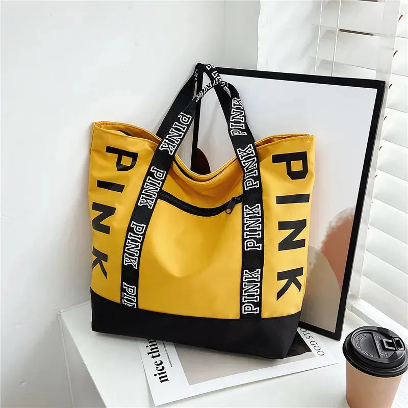 Colorblock Pink Letter Graphic Tote Handbags Woman Shoulder Bags