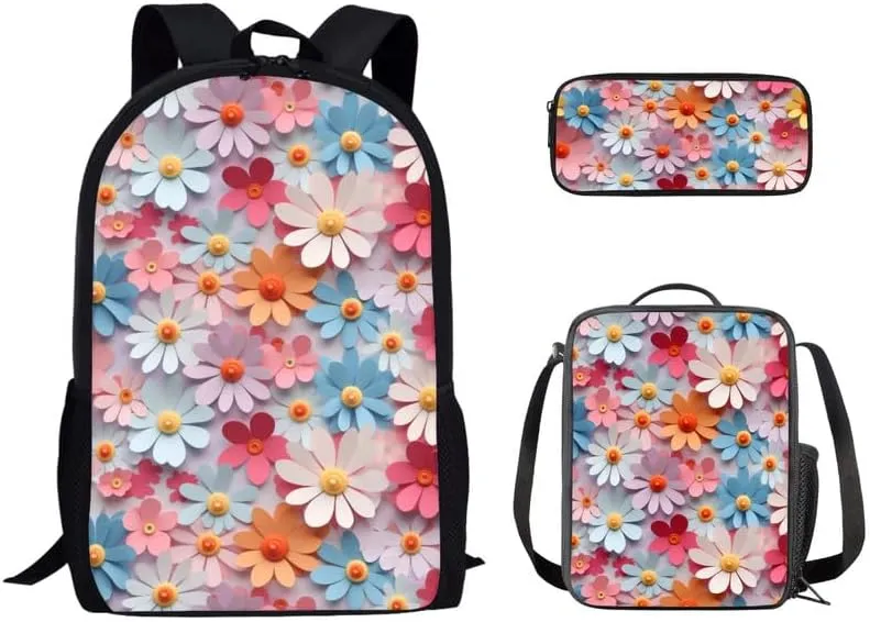 Colorful Daisy Relief Designed Boys Kids Teens Backpack Set Flower Hand Drawing 3 Pcs Bags with Lunch Box and Pencil Case for School Sport Travel