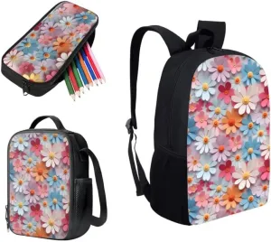 Colorful Daisy Relief Designed Boys Kids Teens Backpack Set Flower Hand Drawing 3 Pcs Bags with Lunch Box and Pencil Case for School Sport Travel