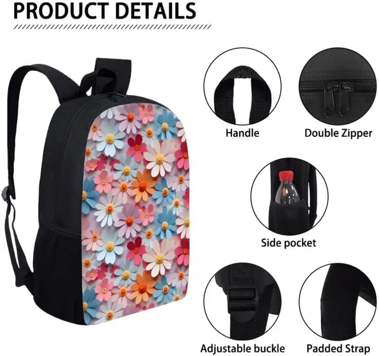 Colorful Daisy Relief Designed Boys Kids Teens Backpack Set Flower Hand Drawing 3 Pcs Bags with Lunch Box and Pencil Case for School Sport Travel