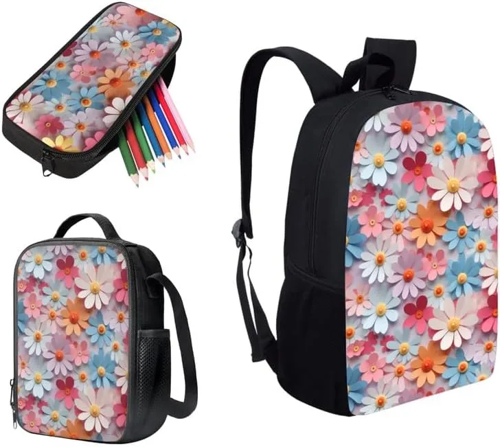 Colorful Daisy Relief Designed Boys Kids Teens Backpack Set Flower Hand Drawing 3 Pcs Bags with Lunch Box and Pencil Case for School Sport Travel
