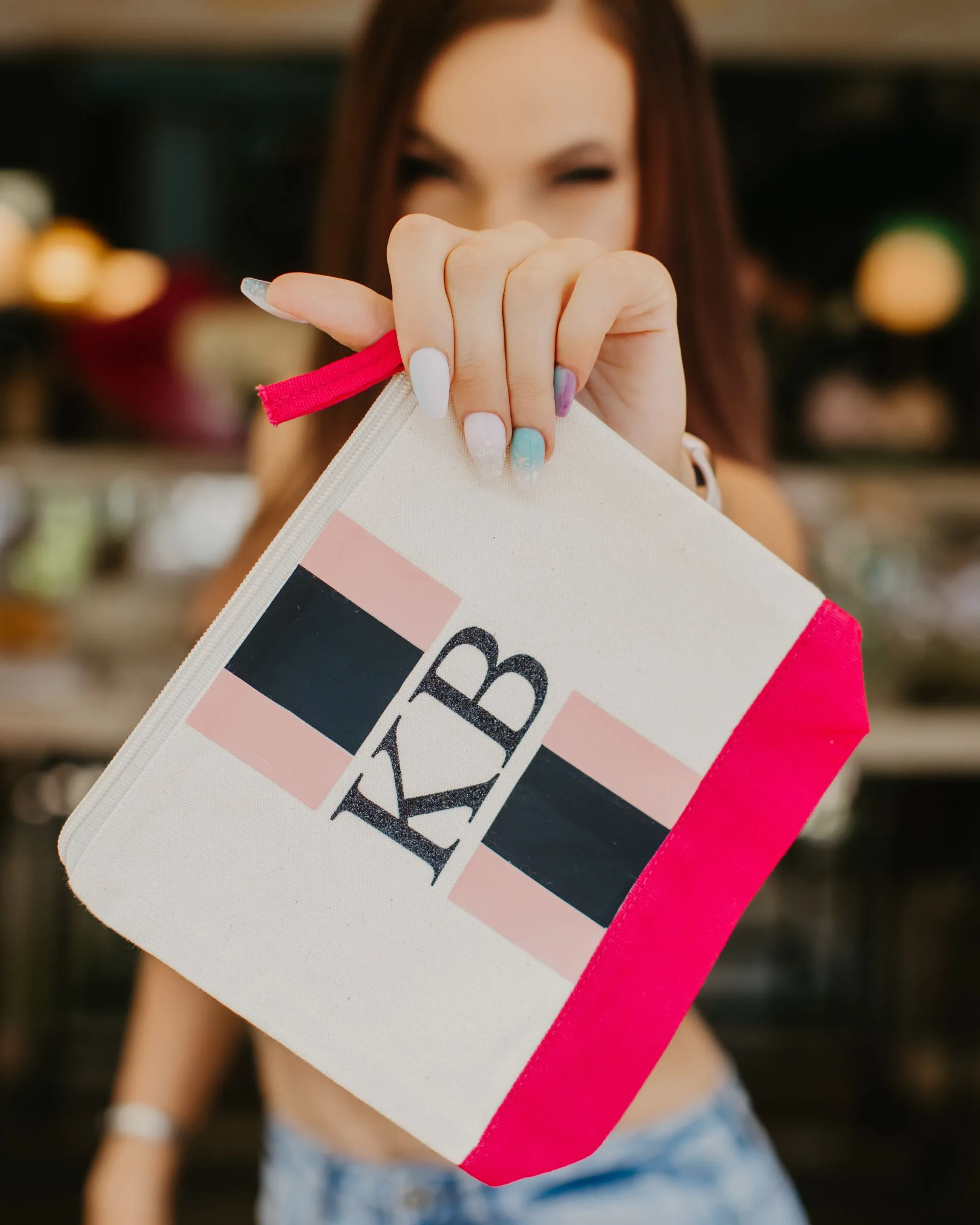 Colourblocked monogram Make up cosmetic bag