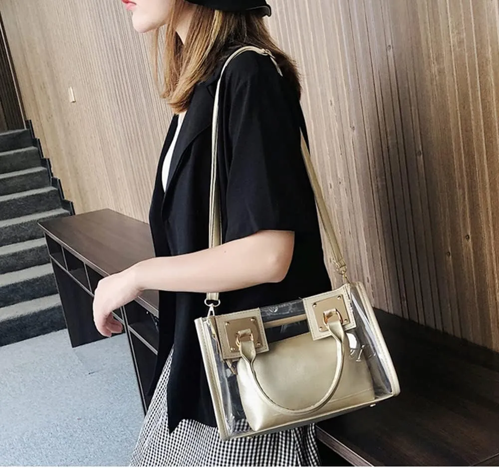 Cooba 2Pcs Handbags Purse for Women Clear Bag PVC Leather Satchel Crossbody Bag Transparent Jelly Bag Beach Shoulder Bag