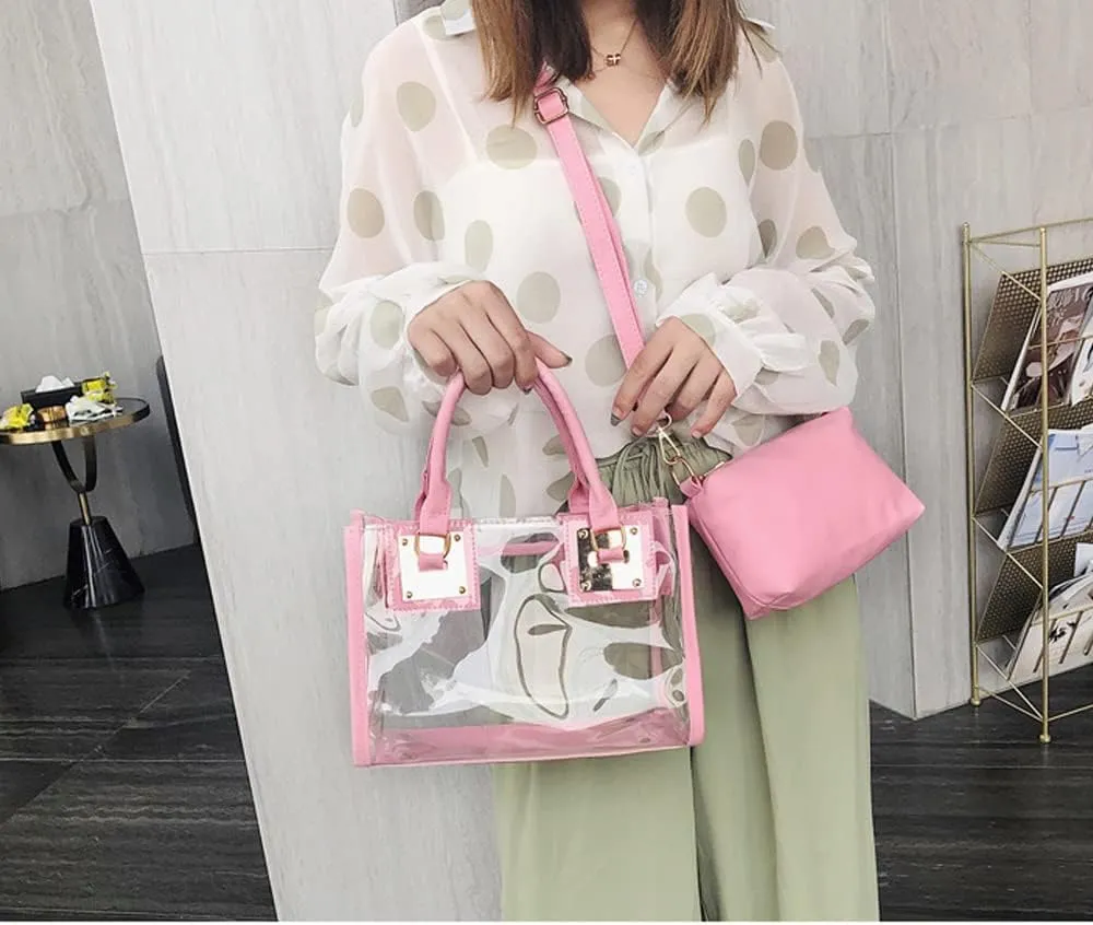 Cooba 2Pcs Handbags Purse for Women Clear Bag PVC Leather Satchel Crossbody Bag Transparent Jelly Bag Beach Shoulder Bag