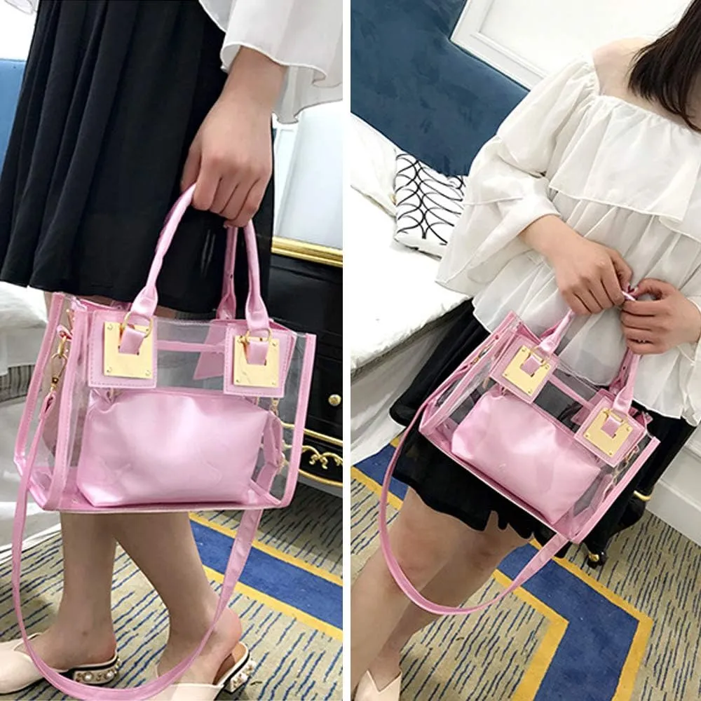 Cooba 2Pcs Handbags Purse for Women Clear Bag PVC Leather Satchel Crossbody Bag Transparent Jelly Bag Beach Shoulder Bag
