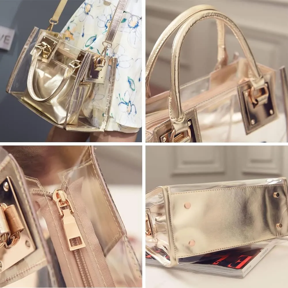 Cooba 2Pcs Handbags Purse for Women Clear Bag PVC Leather Satchel Crossbody Bag Transparent Jelly Bag Beach Shoulder Bag