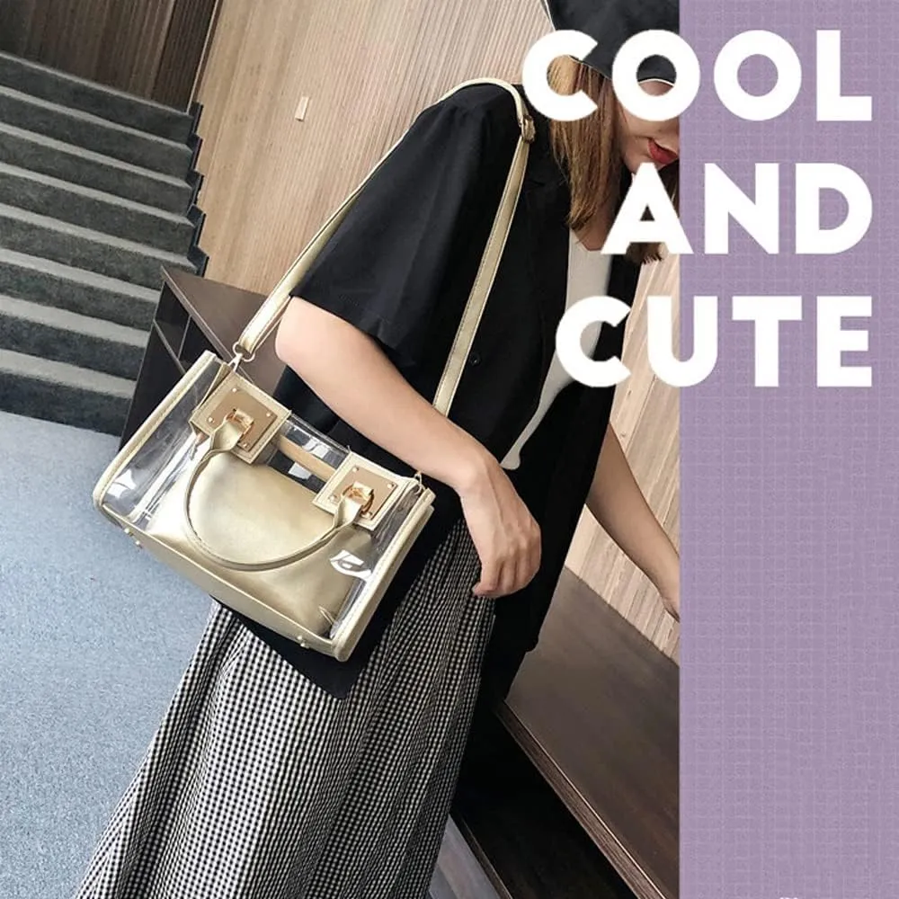 Cooba 2Pcs Handbags Purse for Women Clear Bag PVC Leather Satchel Crossbody Bag Transparent Jelly Bag Beach Shoulder Bag