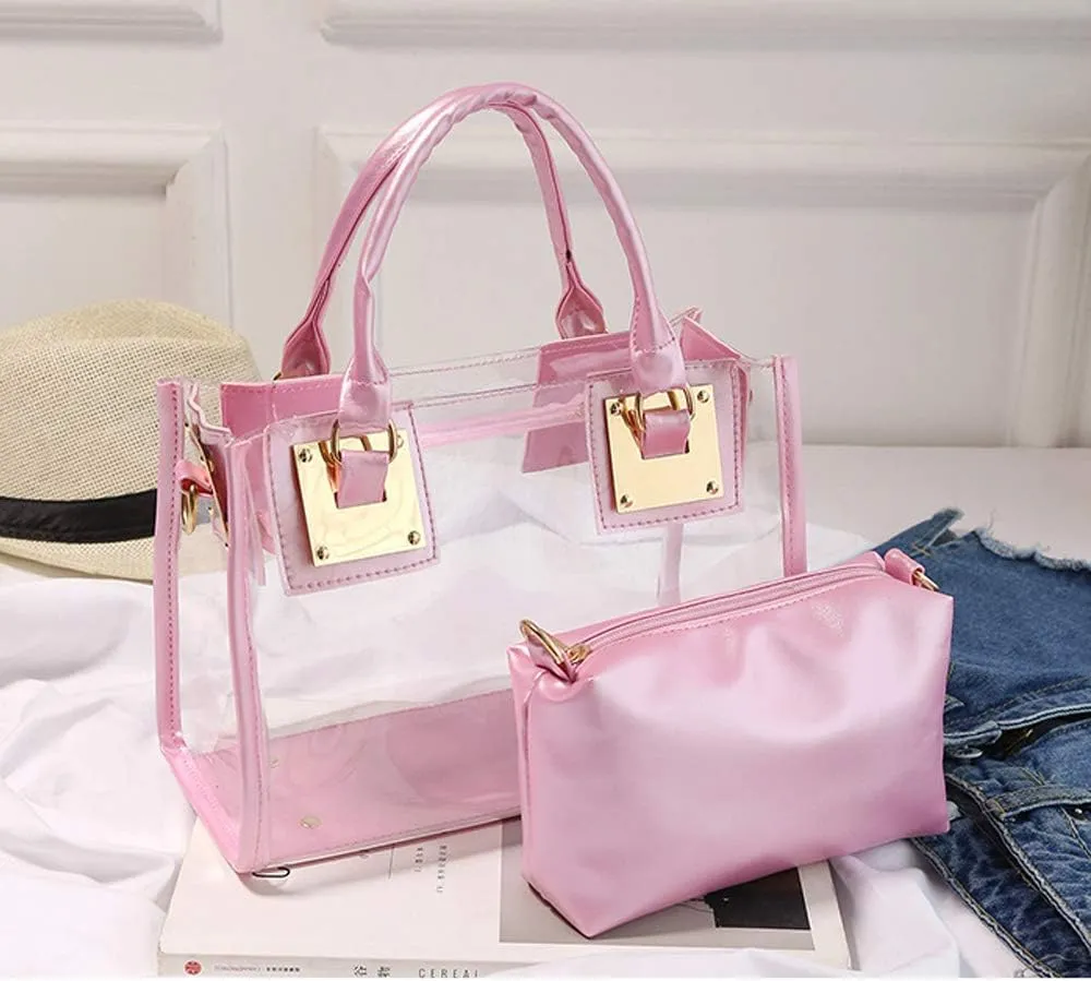 Cooba 2Pcs Handbags Purse for Women Clear Bag PVC Leather Satchel Crossbody Bag Transparent Jelly Bag Beach Shoulder Bag