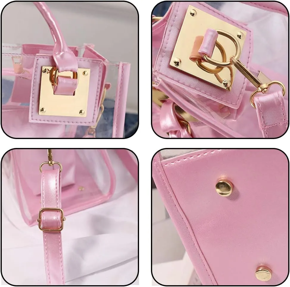 Cooba 2Pcs Handbags Purse for Women Clear Bag PVC Leather Satchel Crossbody Bag Transparent Jelly Bag Beach Shoulder Bag