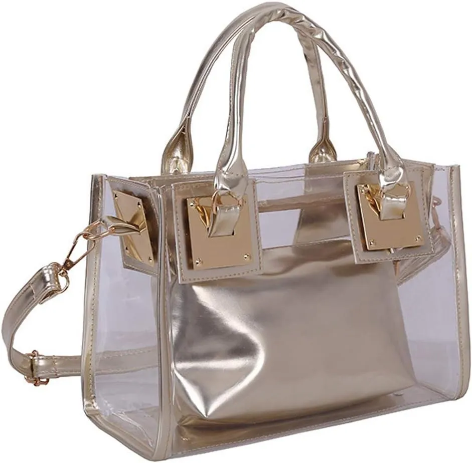 Cooba 2Pcs Handbags Purse for Women Clear Bag PVC Leather Satchel Crossbody Bag Transparent Jelly Bag Beach Shoulder Bag