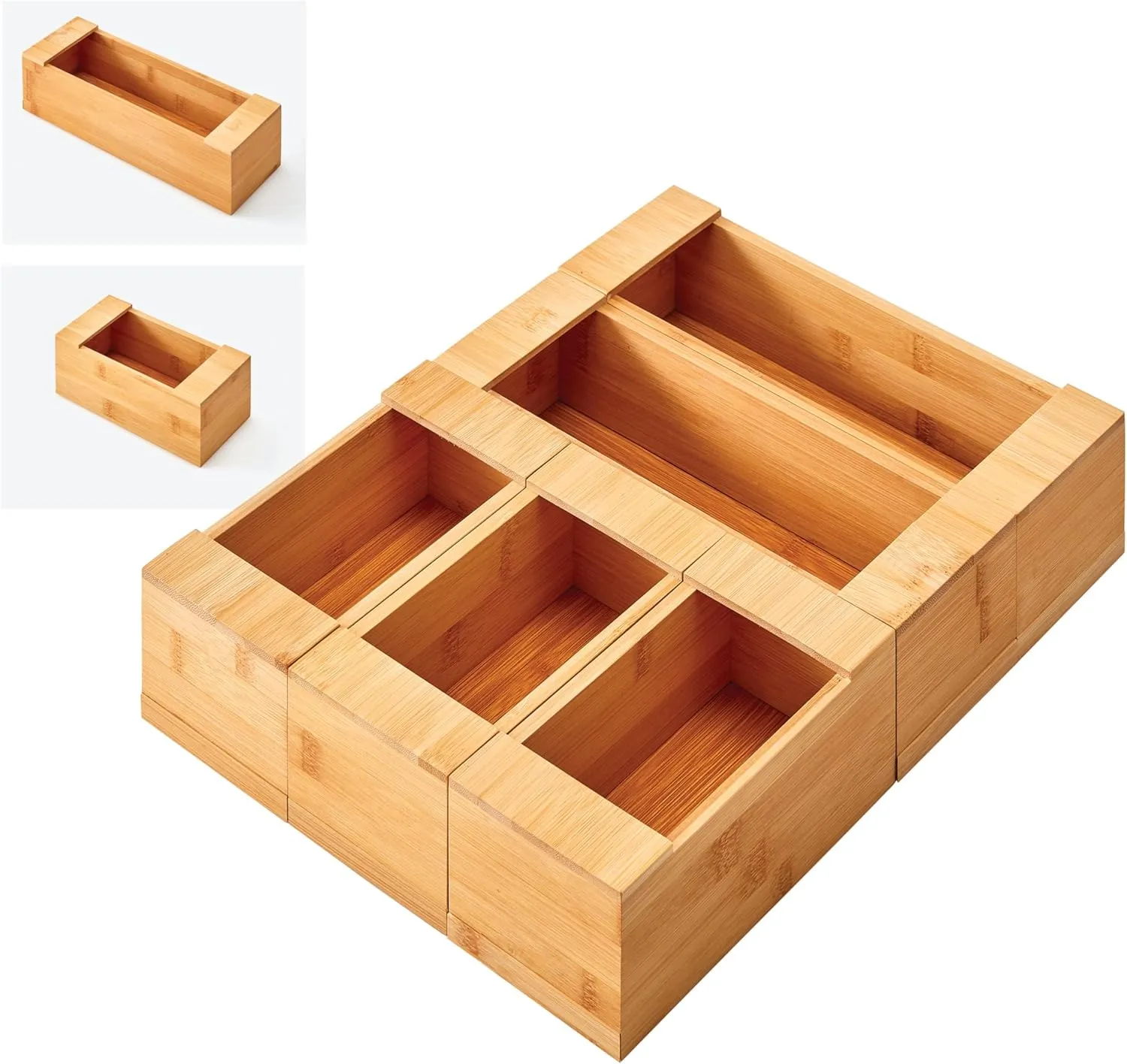 Copco Set of Resealable Storage Bag Organizers for Gallon, Quart, Sandwich and Snack Size featuring Wide Opening for Easy Bag Dispensing, Set Can be Broken Apart for Space Saving, Bamboo In Drawer