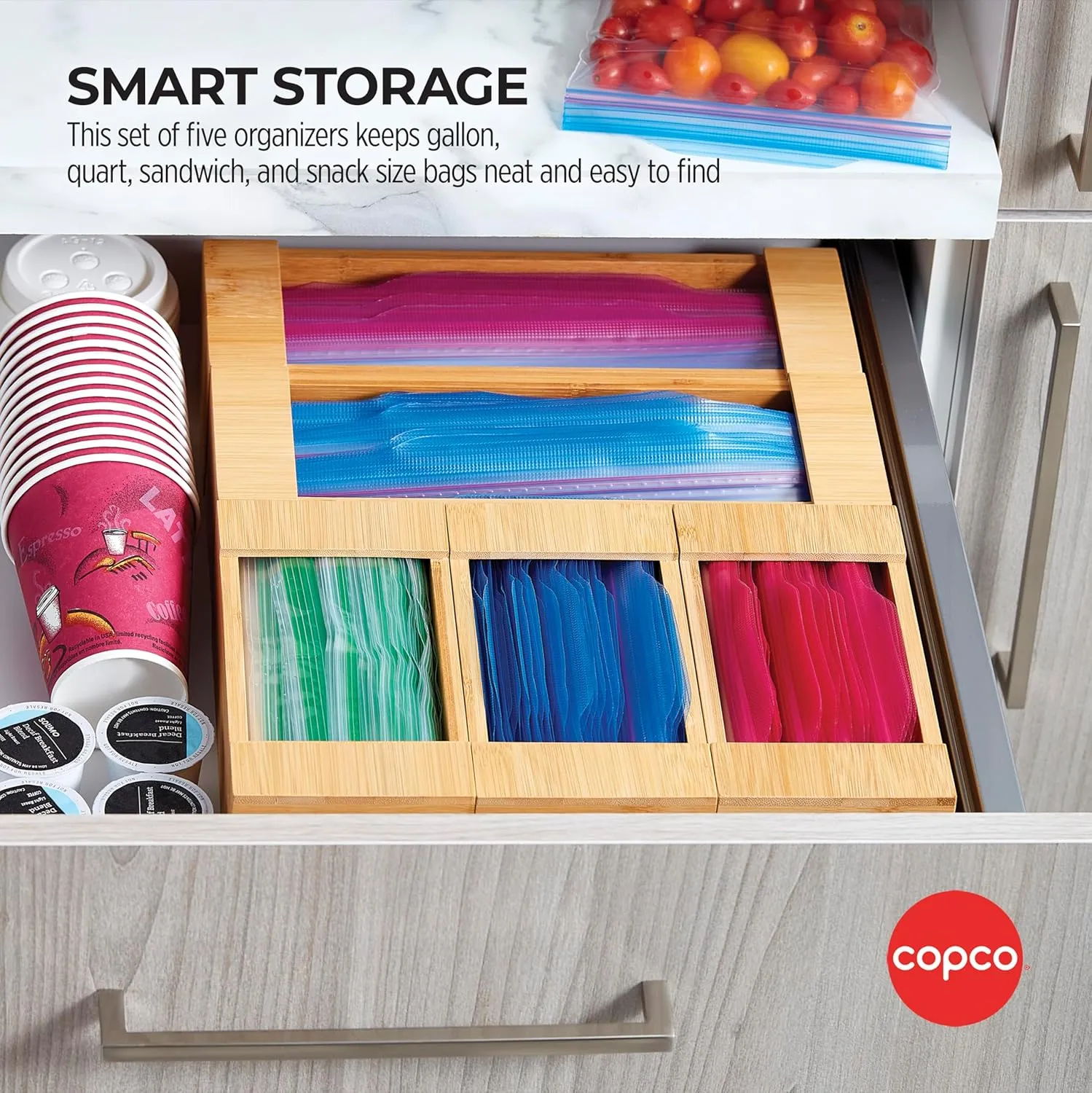 Copco Set of Resealable Storage Bag Organizers for Gallon, Quart, Sandwich and Snack Size featuring Wide Opening for Easy Bag Dispensing, Set Can be Broken Apart for Space Saving, Bamboo In Drawer
