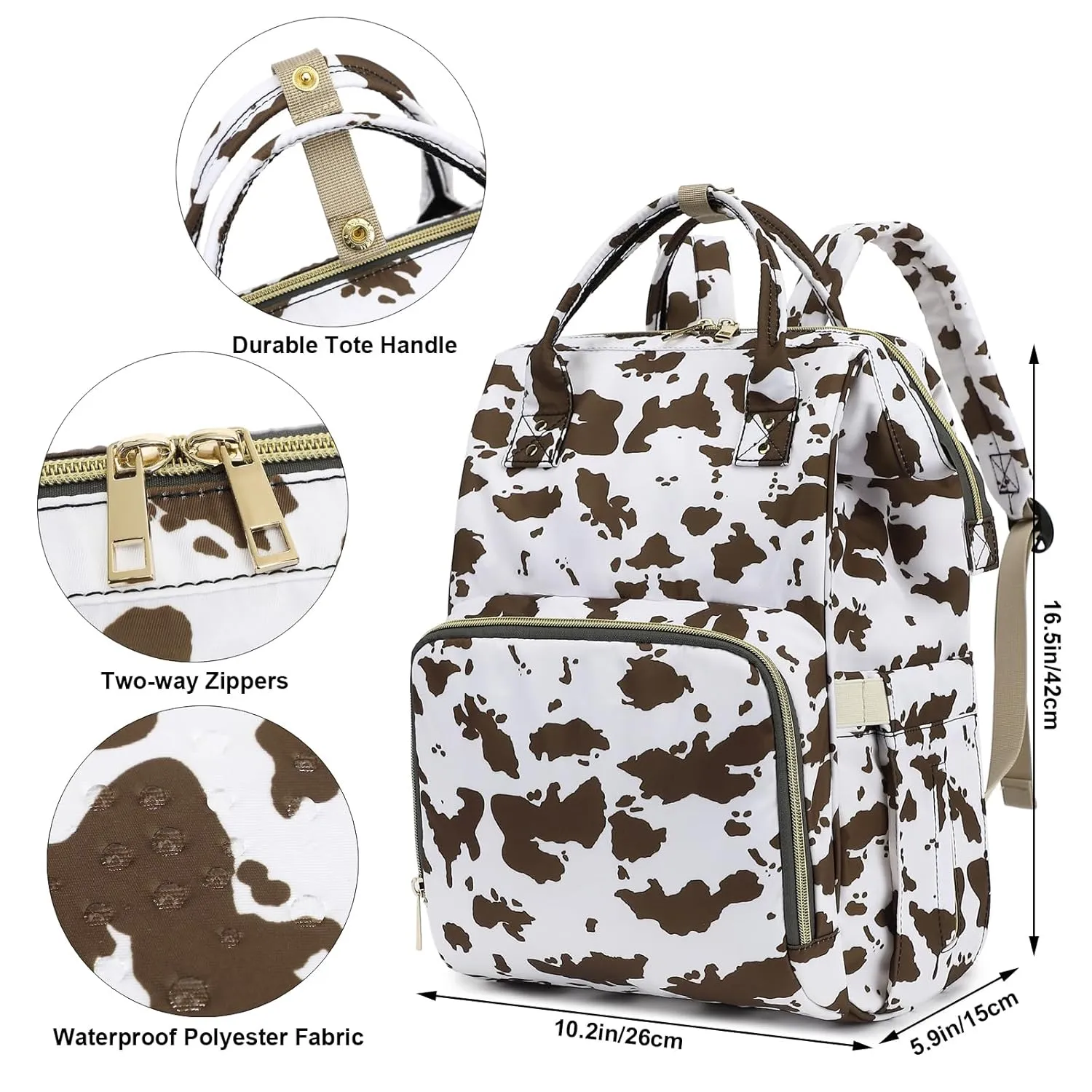 Cow Print Diaper Bag Backpack for Baby Girls, Mom Waterproof Large Nappy Bags for Women (Brown)