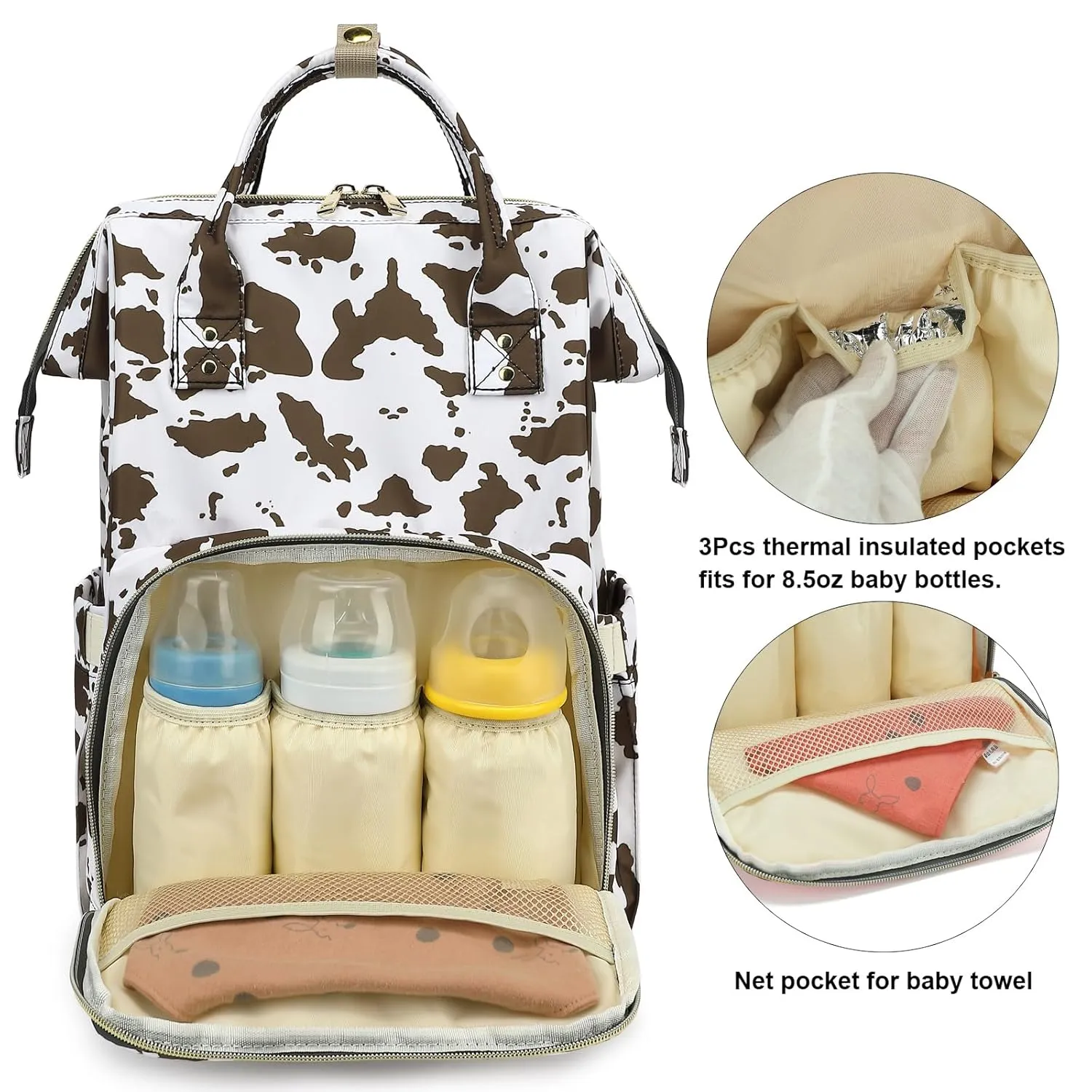 Cow Print Diaper Bag Backpack for Baby Girls, Mom Waterproof Large Nappy Bags for Women (Brown)