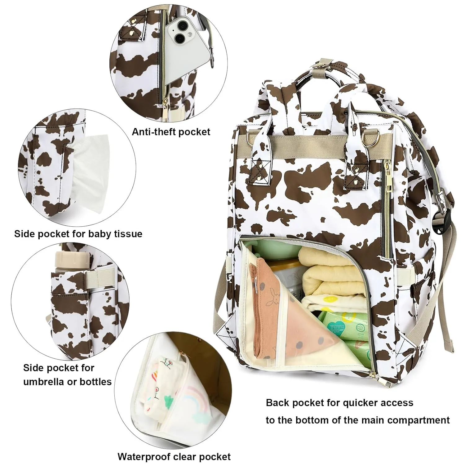 Cow Print Diaper Bag Backpack for Baby Girls, Mom Waterproof Large Nappy Bags for Women (Brown)