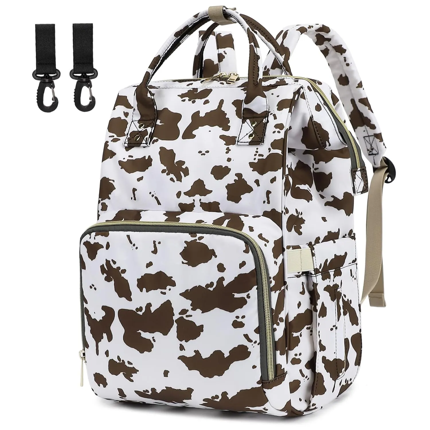 Cow Print Diaper Bag Backpack for Baby Girls, Mom Waterproof Large Nappy Bags for Women (Brown)