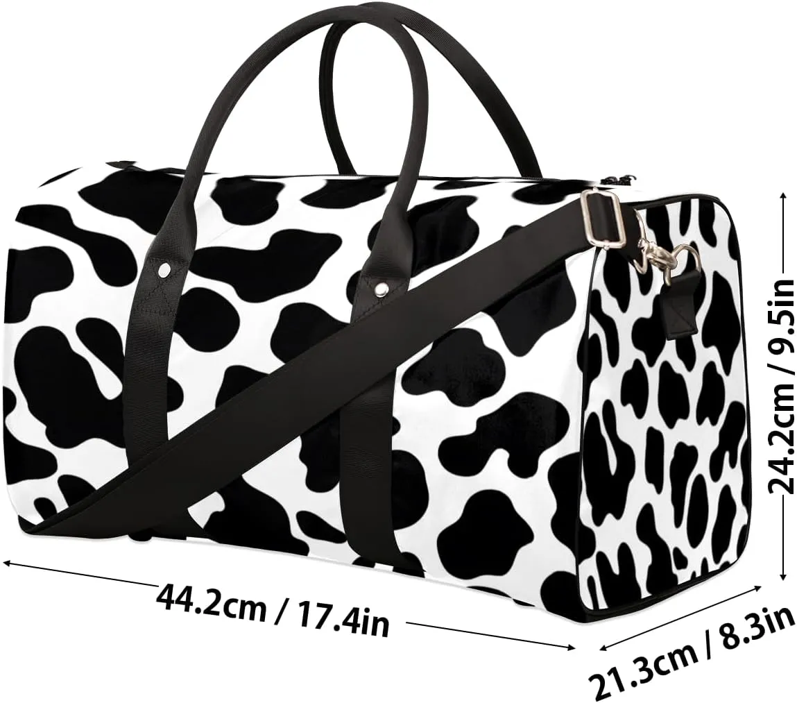 Cow Print Travel Duffle Bag, Sports Gym Bags for Women Men, Carry On Weekender Overnight Bag, Black Cow Print Workout Hospital Airplane Trips Bag
