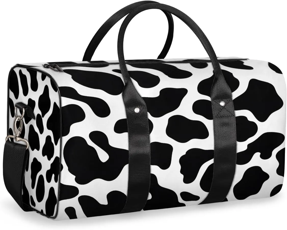 Cow Print Travel Duffle Bag, Sports Gym Bags for Women Men, Carry On Weekender Overnight Bag, Black Cow Print Workout Hospital Airplane Trips Bag