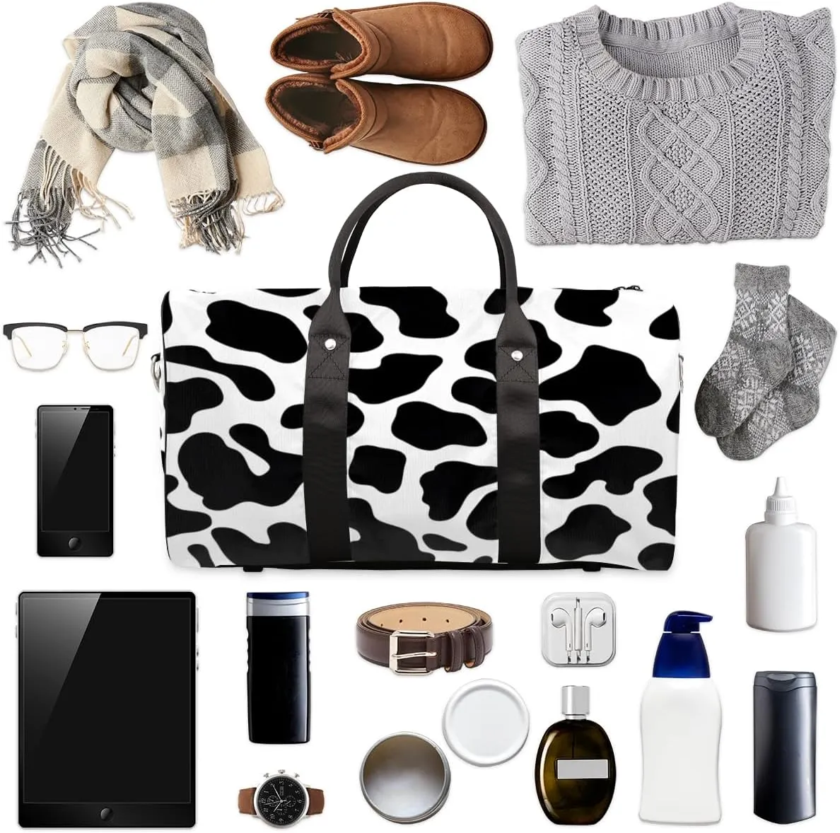 Cow Print Travel Duffle Bag, Sports Gym Bags for Women Men, Carry On Weekender Overnight Bag, Black Cow Print Workout Hospital Airplane Trips Bag