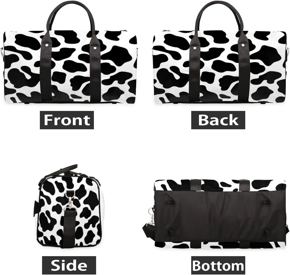 Cow Print Travel Duffle Bag, Sports Gym Bags for Women Men, Carry On Weekender Overnight Bag, Black Cow Print Workout Hospital Airplane Trips Bag